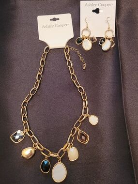 Ashley Cooper Gold Chain Necklace and Earring Set with Black and Ivory Stones